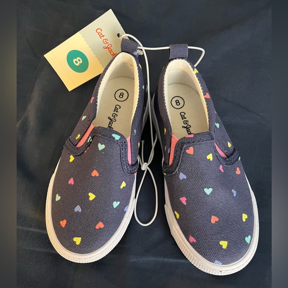 NWT Cat & Jack Toddler Girl Slip On Shoes Navy Blue with Hearts - Size 8